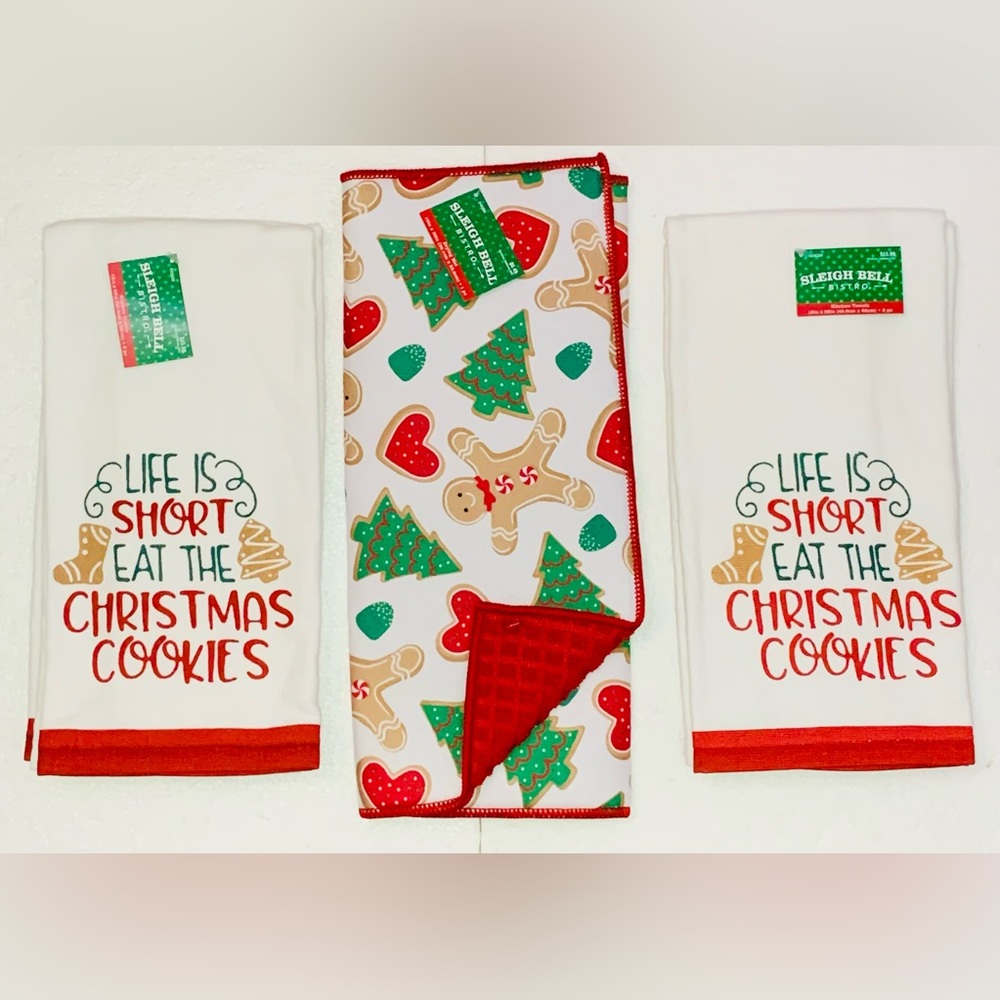 Gingerbread man Christmas cookies drying mat kitchen towels 3 pc set